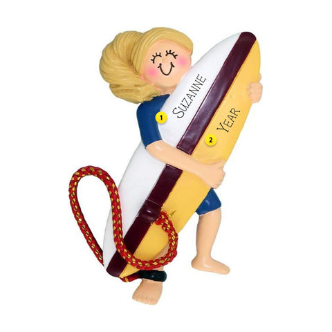 Blonde Surfer Girl with Surfboard Ornament for Christmas Tree