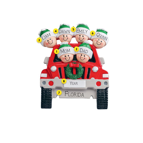 SUV Family of six resin ornament can be personalized for the Christmas Tree