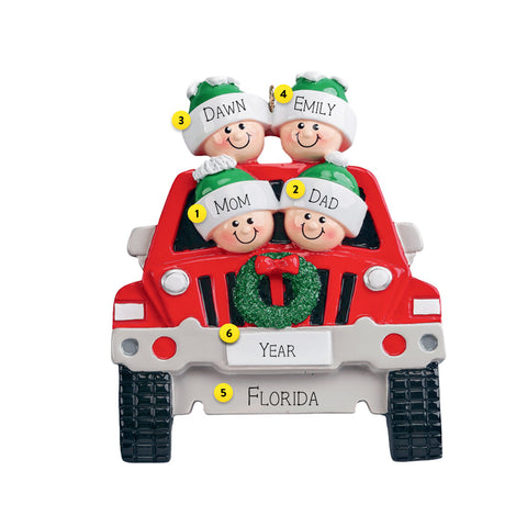 SUV Family of four resin ornament can be personalized for the Christmas Tree