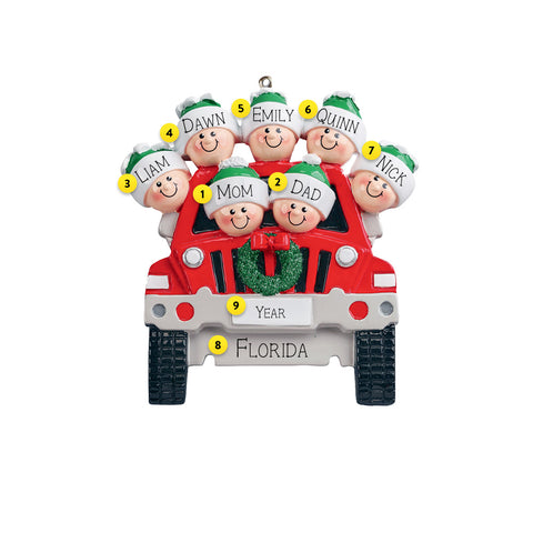 SUV Family of seven resin ornament can be personalized for the Christmas Tree