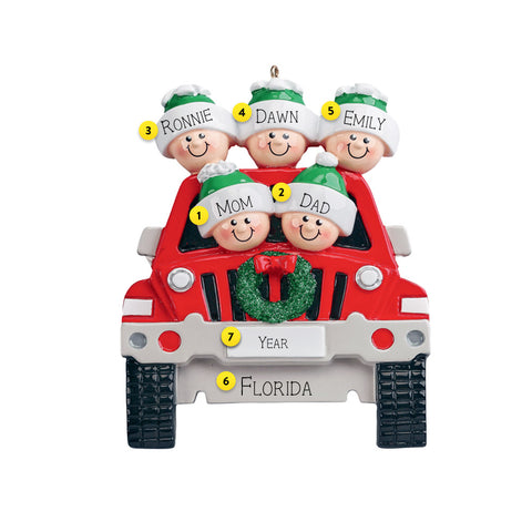 SUV Family of five resin ornament can be personalized for the Christmas Tree