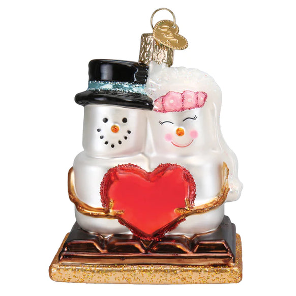 Glass S'more Bride and Groom Ornament holding heart
