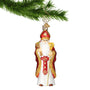 St. Nick Ornament looking like Santa hanging by a gold swirl hook