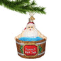 Santa in a hot tub glass Christmas ornament hanging by a gold swirl hanger