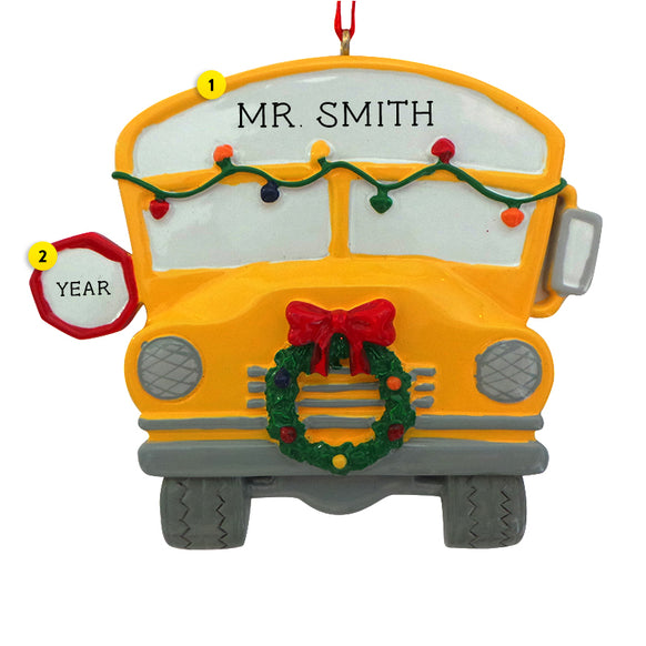 School Bus Ornament with Christmas Lights and Wreath