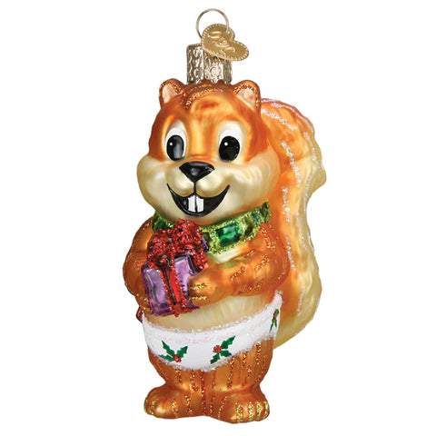 Silly Squirrel with present Christmas ornament