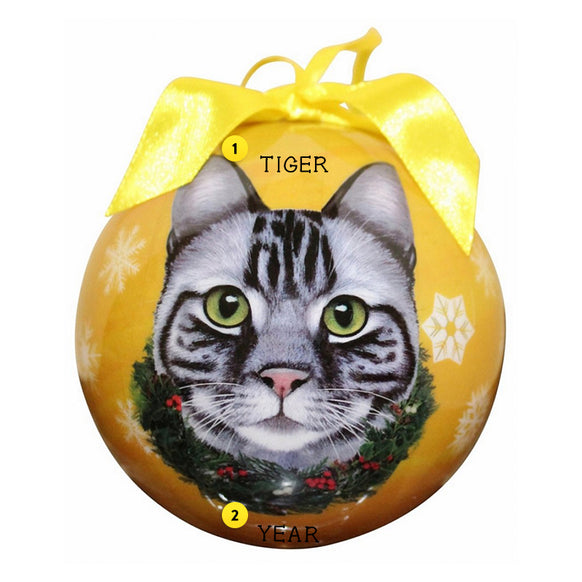Personalized Tabby Cat Bulb Ornament - Silver