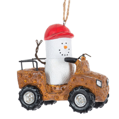 S'mores ornament in a red hat driving an all terrain vehicle 