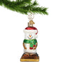 Glass S'mores Snowman Ornament with Santa Hat and Scarf hanging from a gold swirl hook