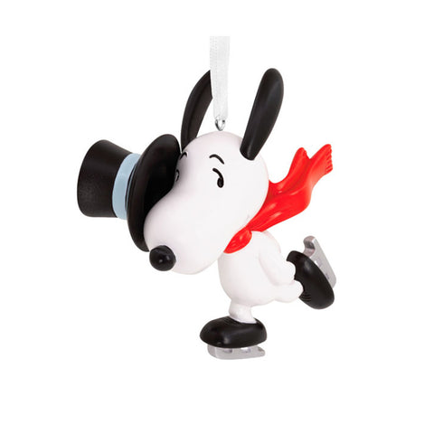 Snoopy Christmas Ornament with dog in top hat and scarf while ice skating