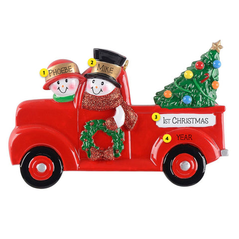 Snow Couple In Red Truckwith Tree Can be personalized