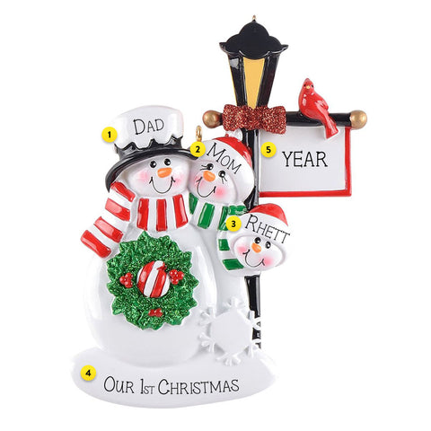 Personalized Lamp Post Snow Family of 3 Ornament