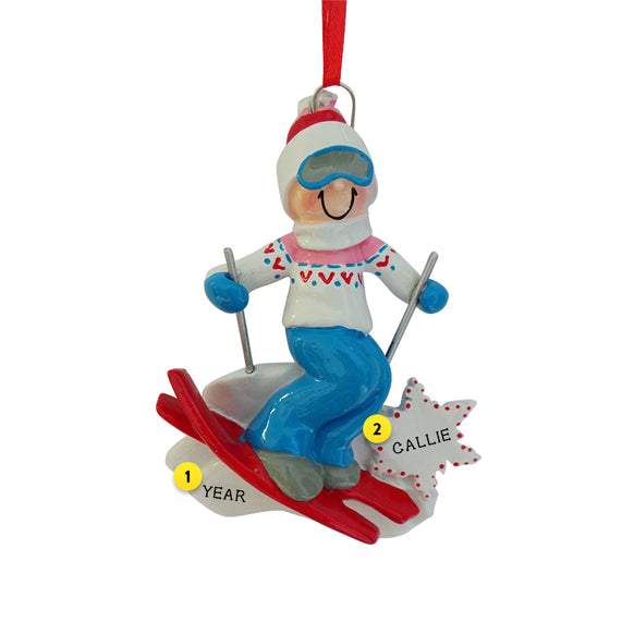 Snow Ski Action Girl Ornament for Christmas Tree