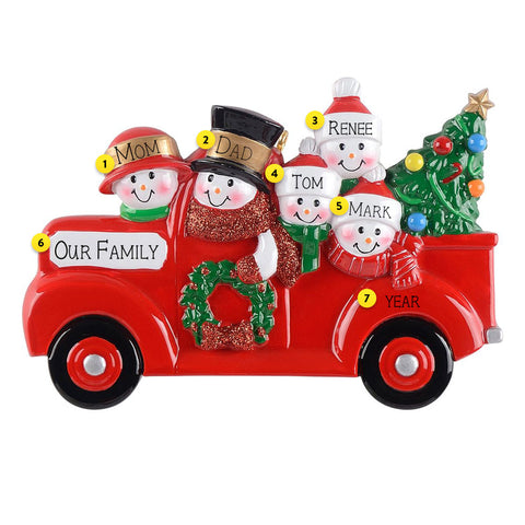 Personalized Red Truck Snowman Family of 5 Ornament