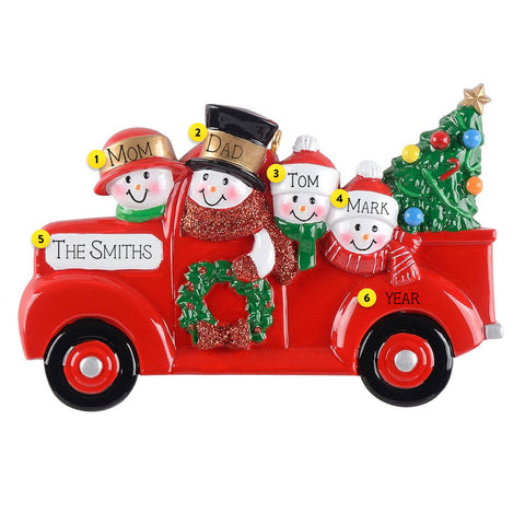 Personalized Red Truck Snowman Family of 4 Ornament