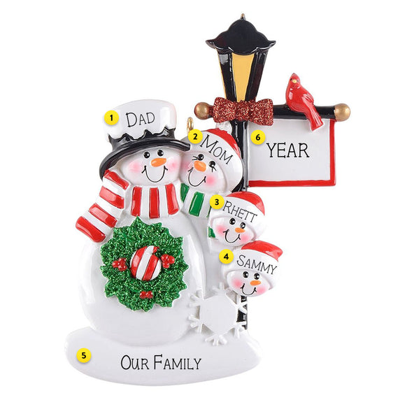 Personalized Lamp Post Snow Family of 4 Ornament