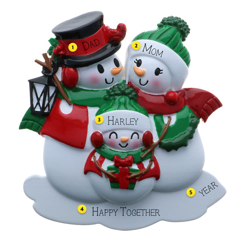 Snowman Family of Three ornament with lantern