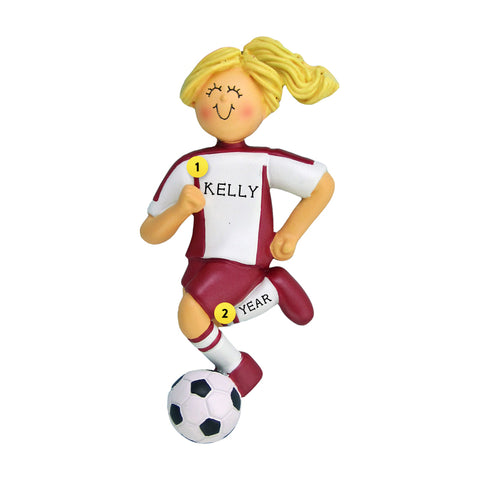 Soccer Ornament - White Female with Blond Hair, Red Uniform for Christmas Tree