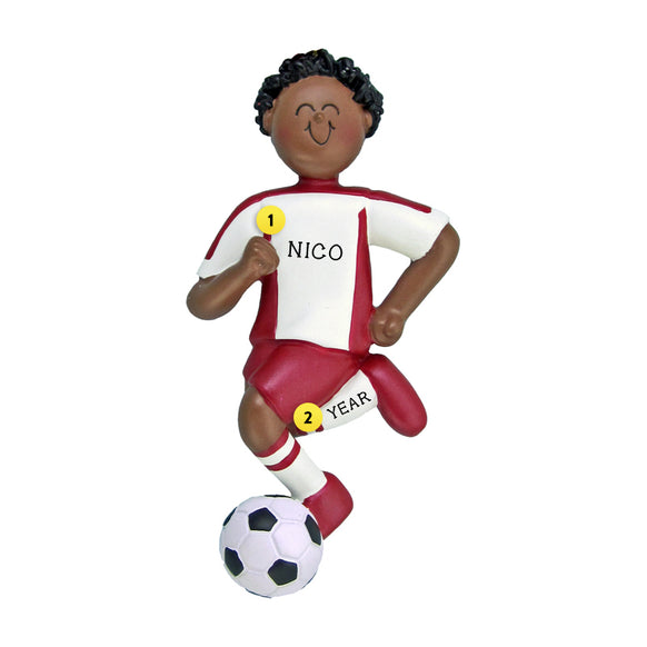 Soccer Ornament - Black Male, Red Uniform for Christmas Tree