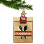 Takeout Bag Christmas Ornament hanging from a gold swirl hook Blown Glass