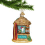 Glass Tiki Hut Ornament with words Tiki Time hanging by a gold swirl hook from a Christmas tree branch