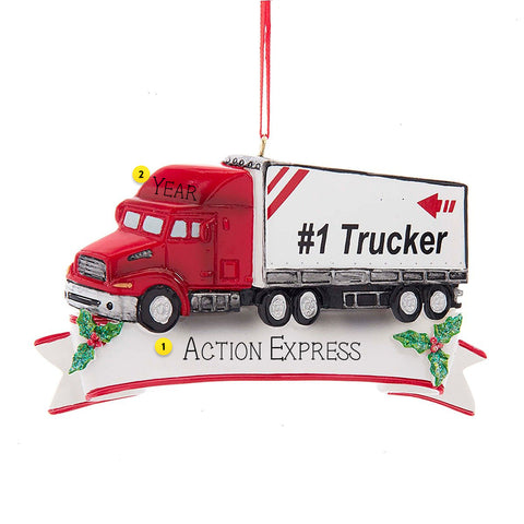 Semi Truck with #1 Trucker words on the rig, red cab, and banner for personalization on bottom Christmas Ornament