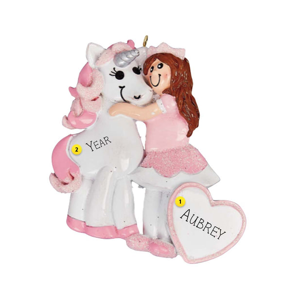 Girl and her unicorn Ornament can be personalized for the Christmas tree