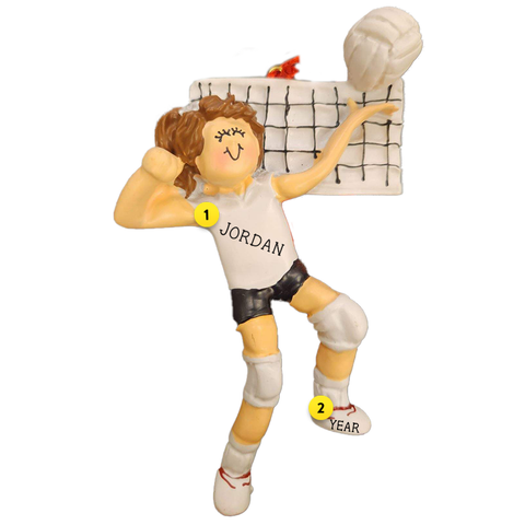 Personalized Volleyball Ornament for a girl with brown hair spiking ball over net