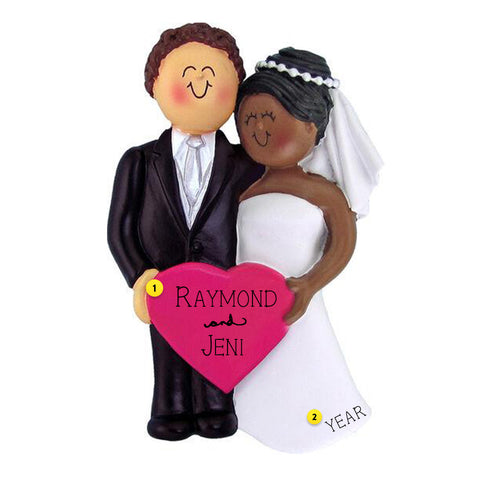 Wedding Couple Christmas Tree Ornament, Brunette Male with African American Female