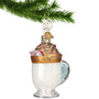 Whipped Coffee with peppermint stick topping Christmas Ornament hanging from a gold hook