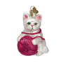 White playful kitty with yarn ball ornament 