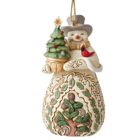 Jim Shore Collectible Snowman Ornament with carved Woodland scene holding a cardinal and potted Christmas tree