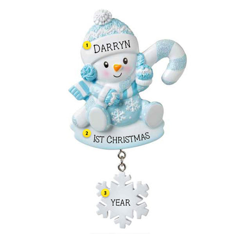 Snowbaby Blue with Candy Cane Personalized Christmas Ornament