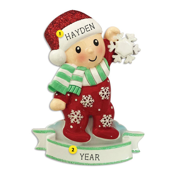 Baby in Pajamas red and green with snowflake personalized ornament