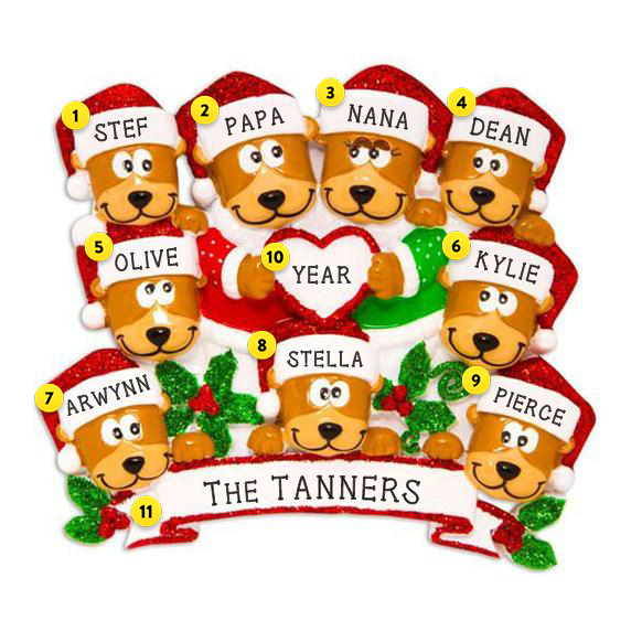 Brown Bear Family of 9 with Heart Personalized Ornament