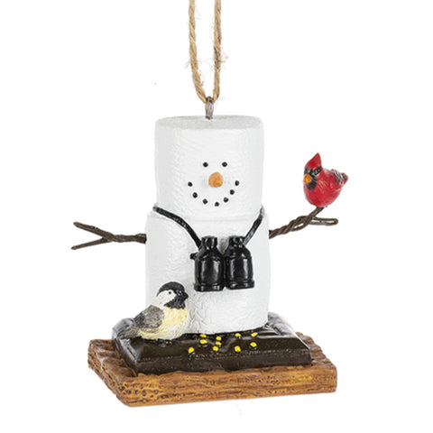 S'more snowman birdwatching resin ornament