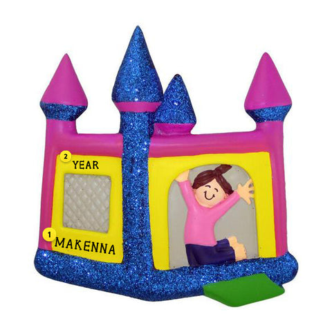 Personalized Bouncy House Ornament - Female, Brown Hair