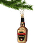 Whiskey Bottle of Bourbon glass ornament hanging by a gold swirl hook
