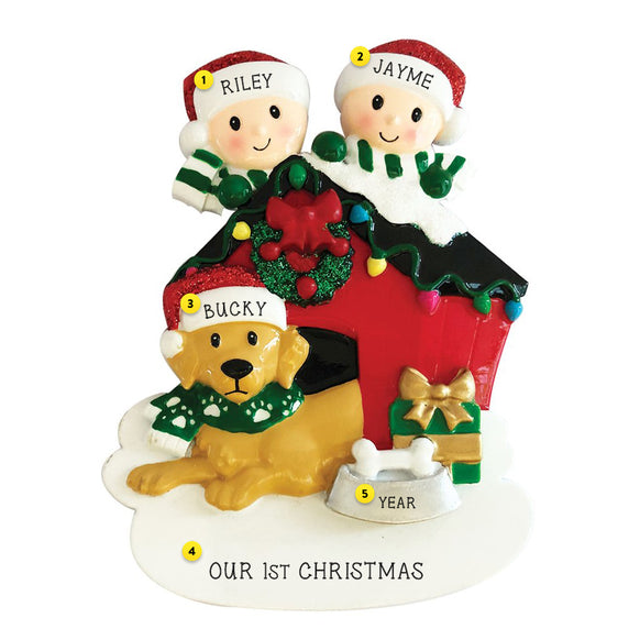 Couple with Dog in dog house resin personalized ornament  Edit alt text