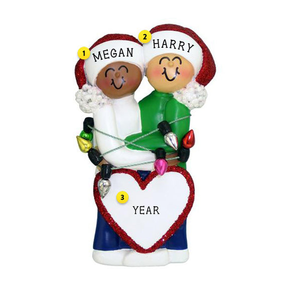 Couple Wrapped in Lights- African American Female, Caucasian Male Christmas Ornament 