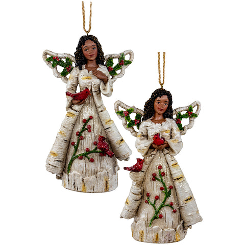 African American Angel holding a Cardinal Christmas Tree Ornament - 2 Assorted