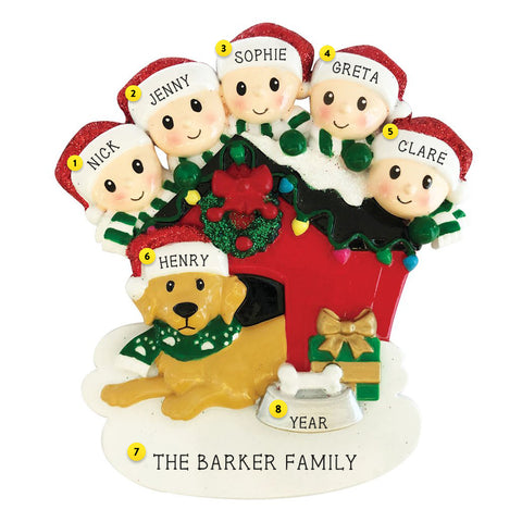family of 5 with dog in doghouse personalized resin ornament