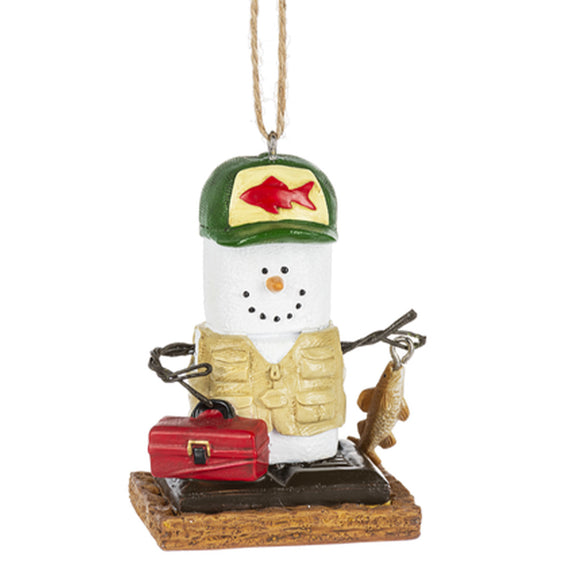 S'mores Fisherman with tackle box and fish ornament