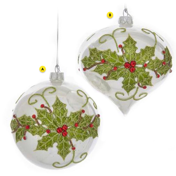 Holly Design Glass Bulb Christmas Ornament 2 Assorted please choose one