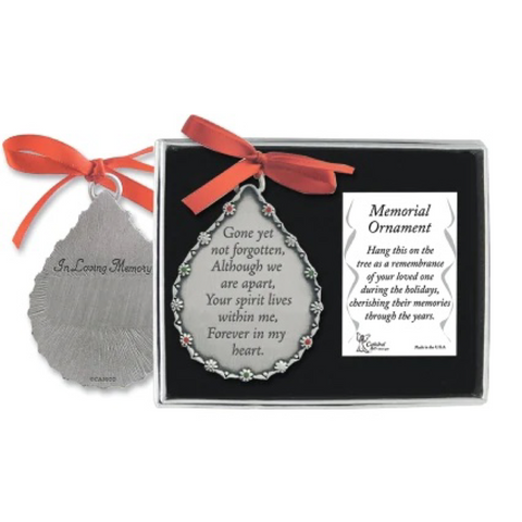 Pewter Teardrop Shaped With Grief Quote Gone Yet Not Forgotten Memorial Christmas Tree Ornament