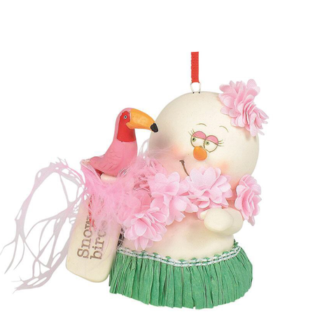 Adorable snowman with grass skirt and flamingo Snow Birds resin ornament