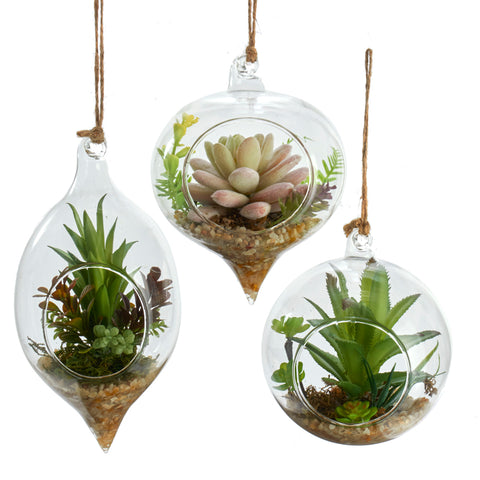 Terrarium with Artificial Succulent Christmas Tree Ornament - 3 assorted  