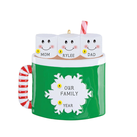 Marshmallow Mug Family of 3 Christmas Ornament Personalized