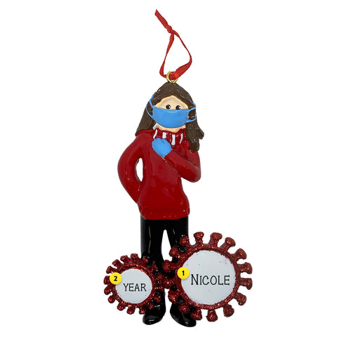 Woman wearing mask and gloves coronavirus personalized ornament