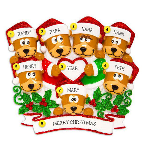 Brown Bear Family of 7 with Heart Ornament
